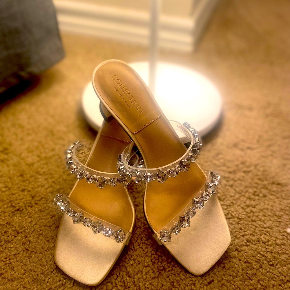 Glittered Gem-Encrusted Sculptural Heel Mules. New